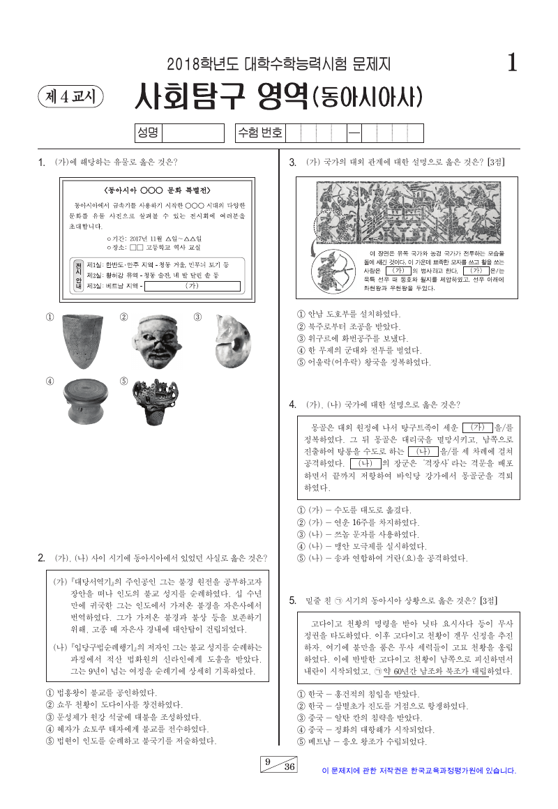 2018학년도 대학수학능력시험 동아시아사 시험지 첫 페이지