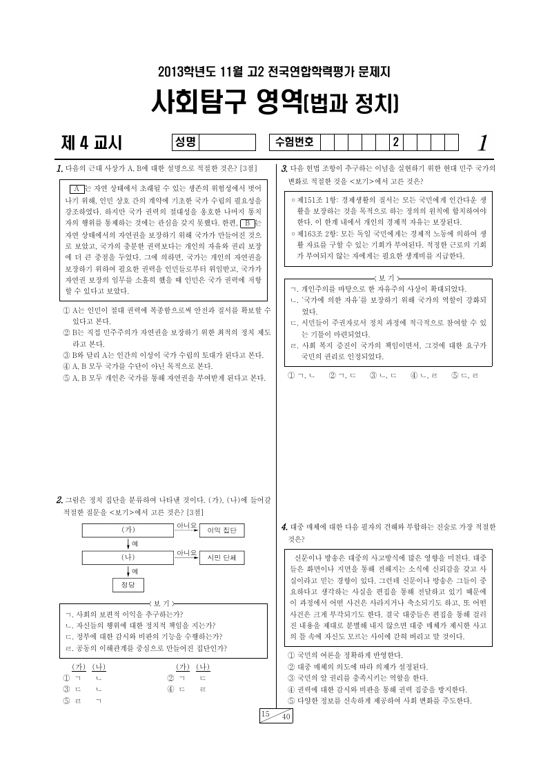 2013년 11월 고2 학력평가 정치와법 시험지 첫 페이지