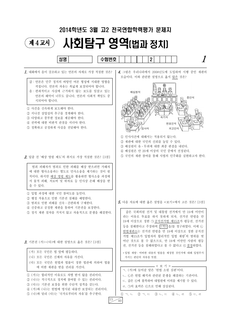 2014년 3월 고2 학력평가 정치와법 시험지 첫 페이지