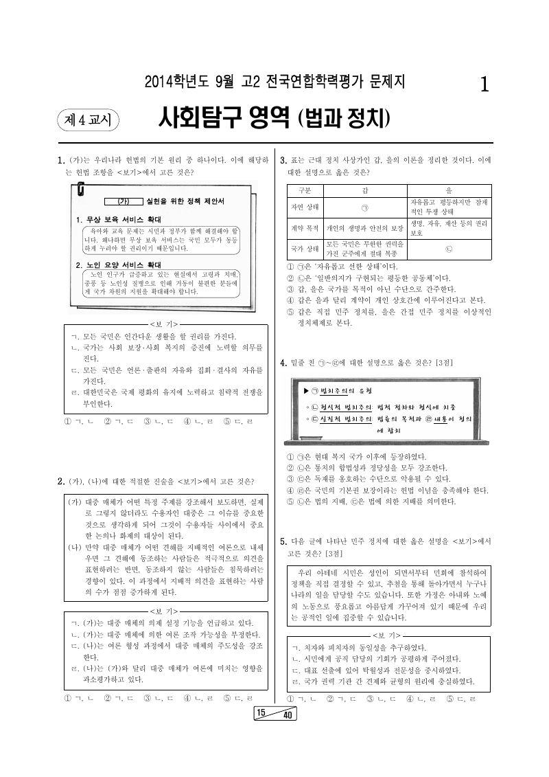 2014년 9월 고2 학력평가 정치와법 시험지 첫 페이지