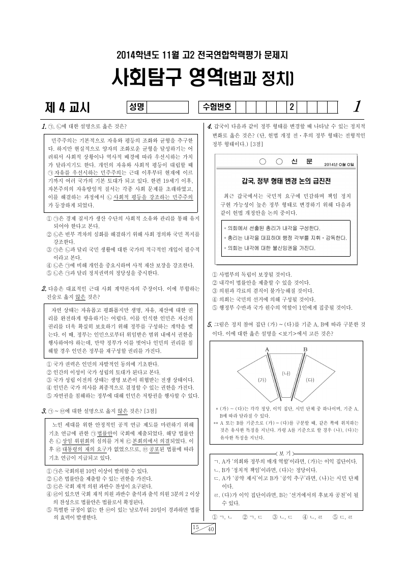 2014년 11월 고2 학력평가 정치와법 시험지 첫 페이지