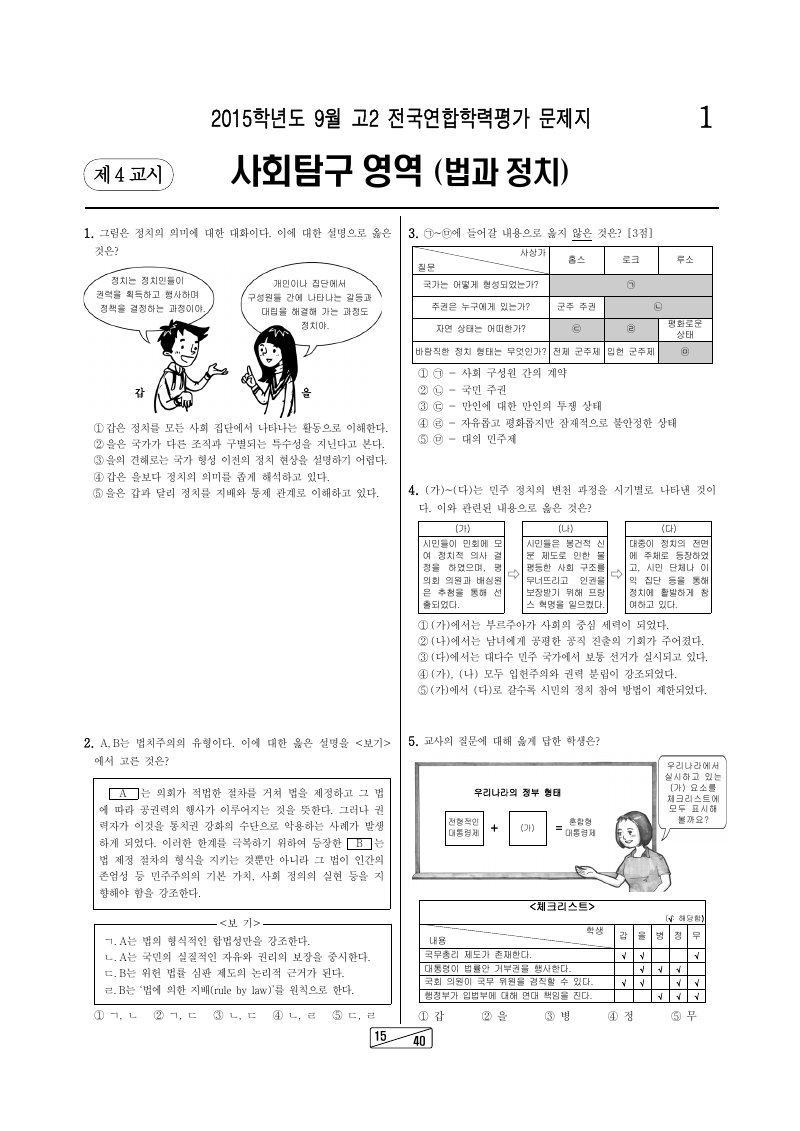 2015년 9월 고2 학력평가 정치와법 시험지 첫 페이지