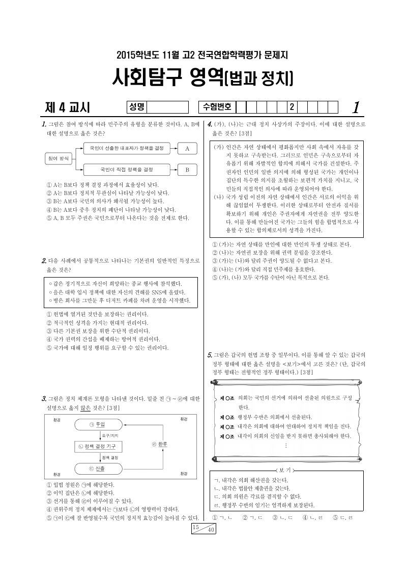 2015년 11월 고2 학력평가 정치와법 시험지 첫 페이지