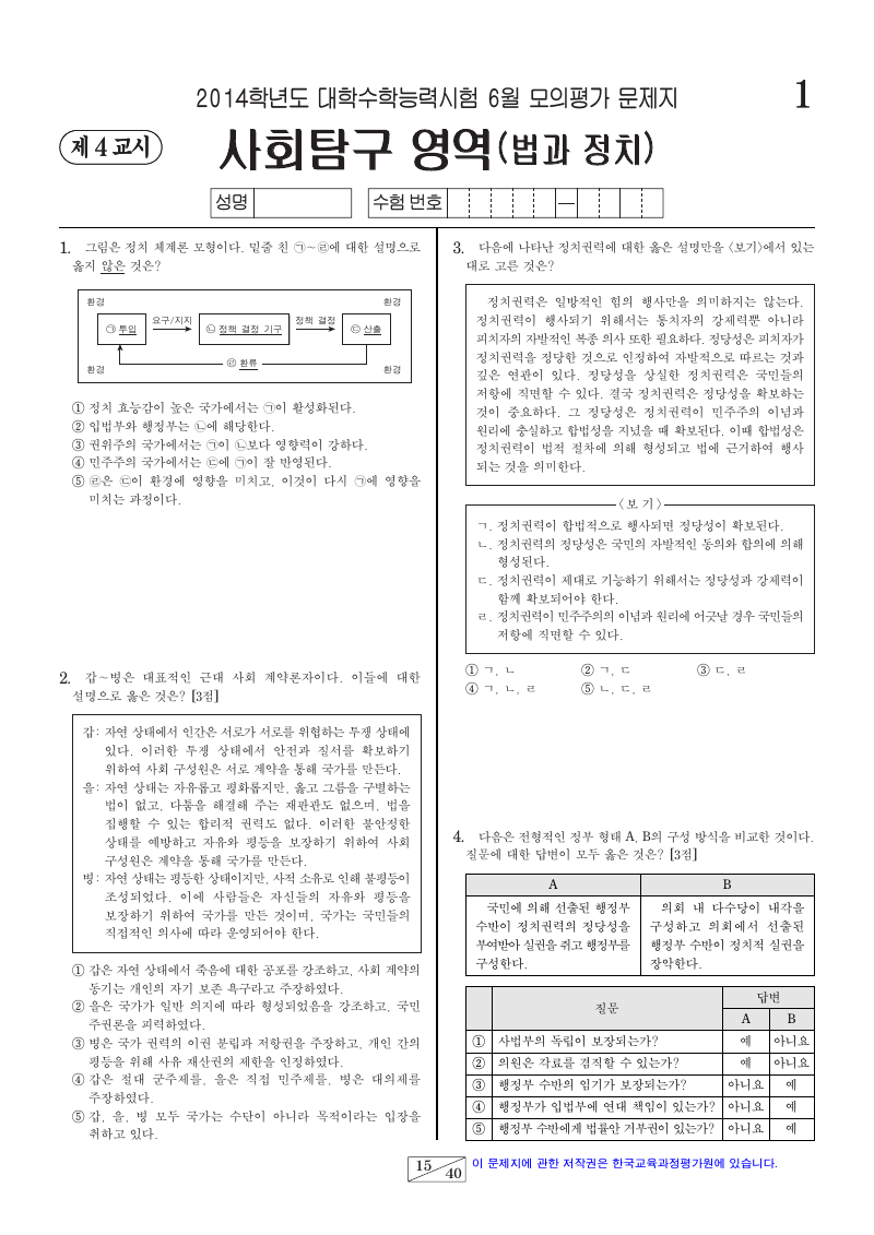 2014학년도 6월 모의평가 정치와법 시험지 첫 페이지