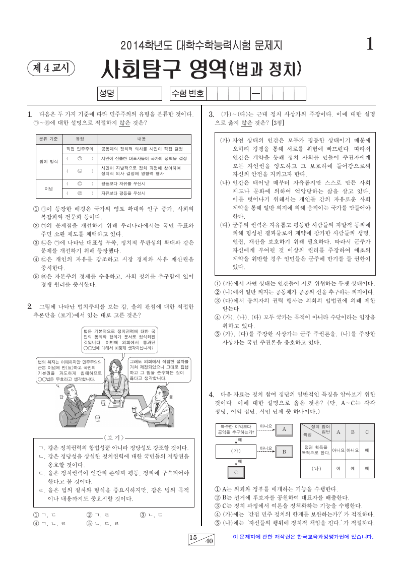 2014학년도 대학수학능력시험 정치와법 시험지 첫 페이지