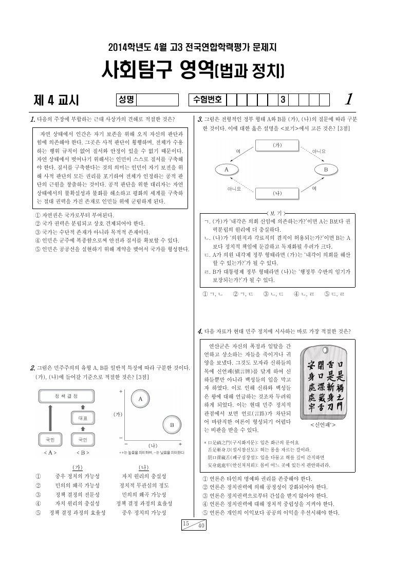 2014년 4월 고3 학력평가 정치와법 시험지 첫 페이지