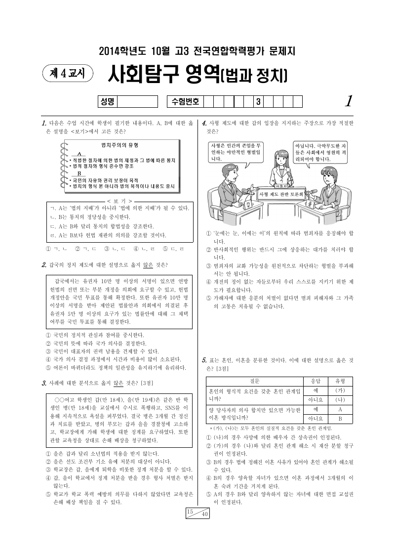 2014년 10월 고3 학력평가 정치와법 시험지 첫 페이지