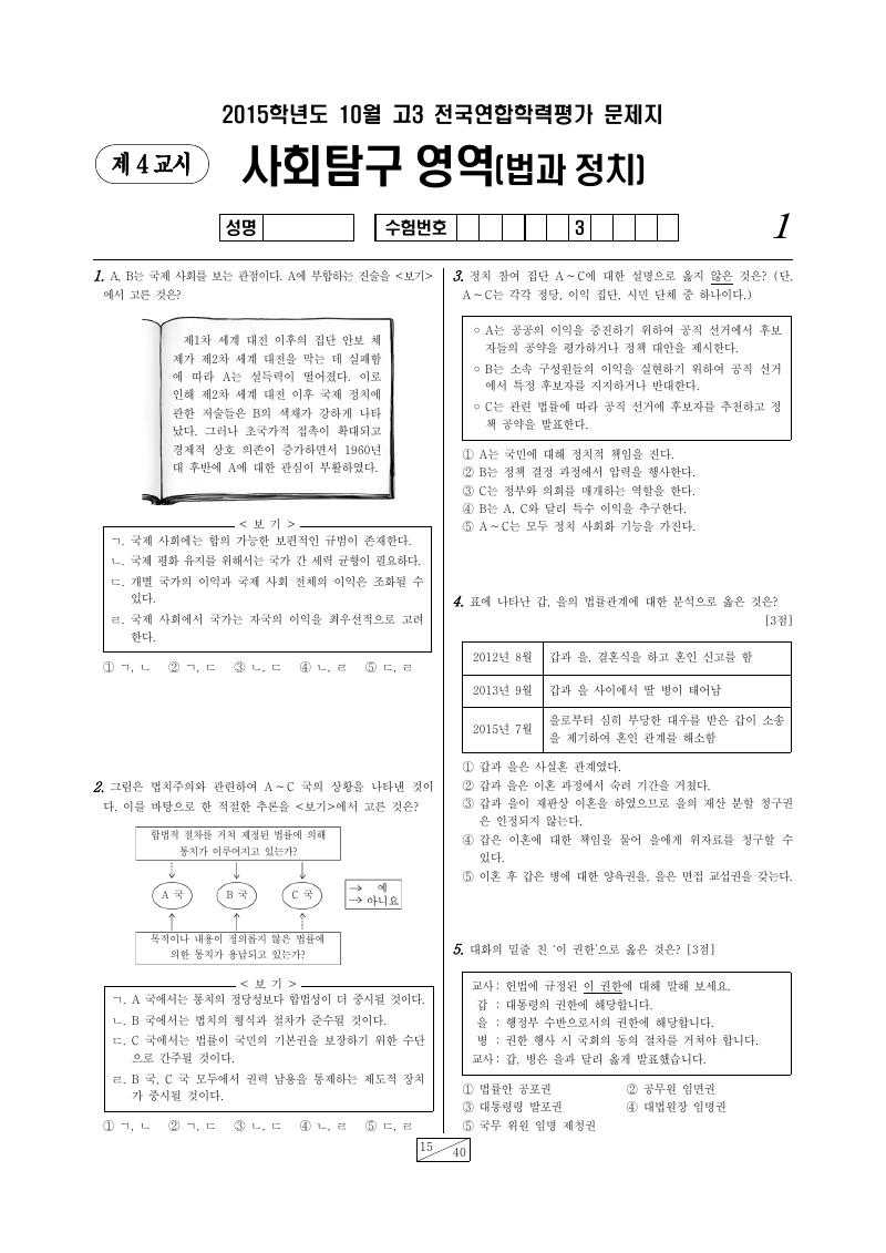 2015년 10월 고3 학력평가 정치와법 시험지 첫 페이지