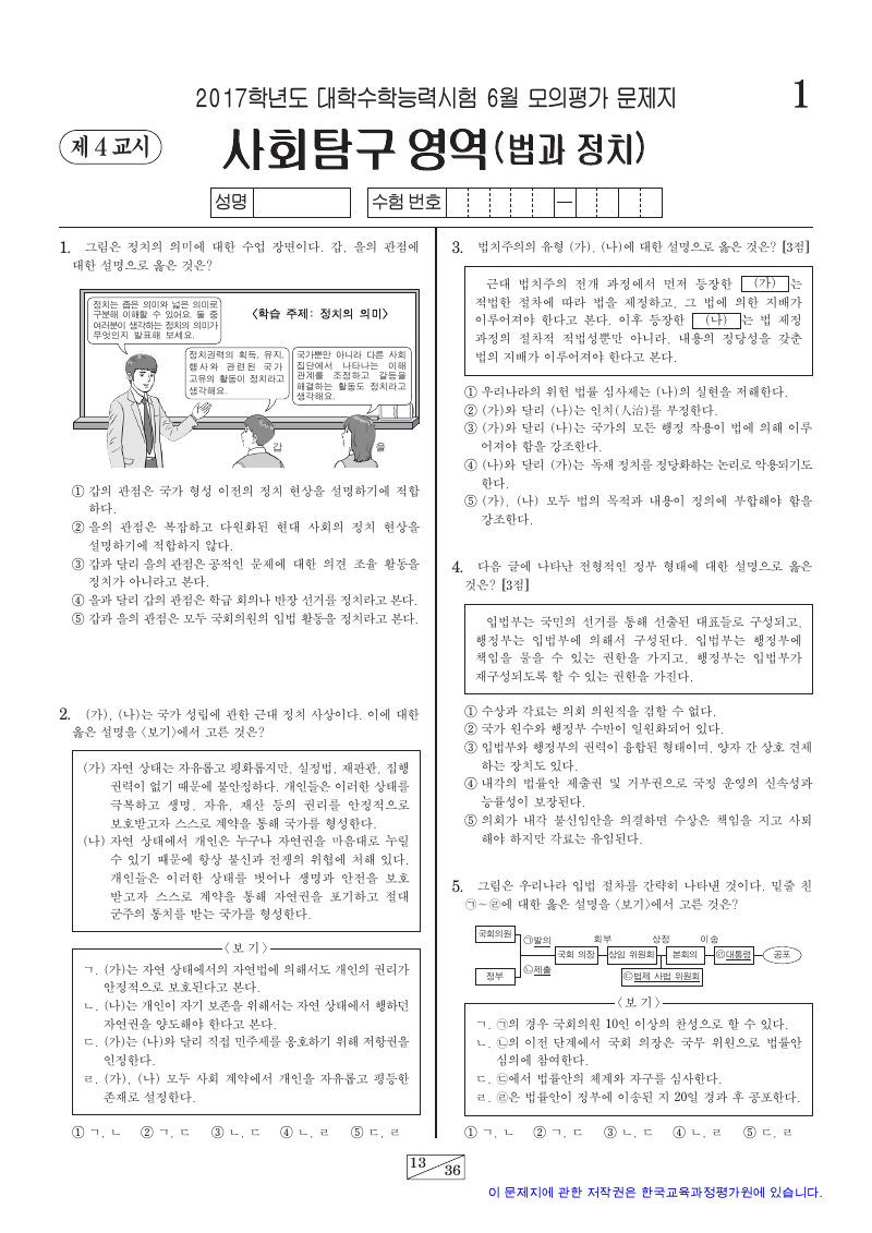 2017학년도 6월 모의평가 정치와법 시험지 첫 페이지