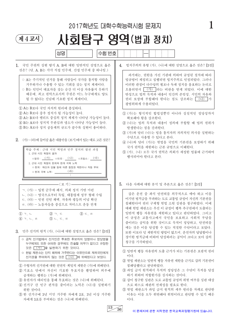 2017학년도 대학수학능력시험 정치와법 시험지 첫 페이지