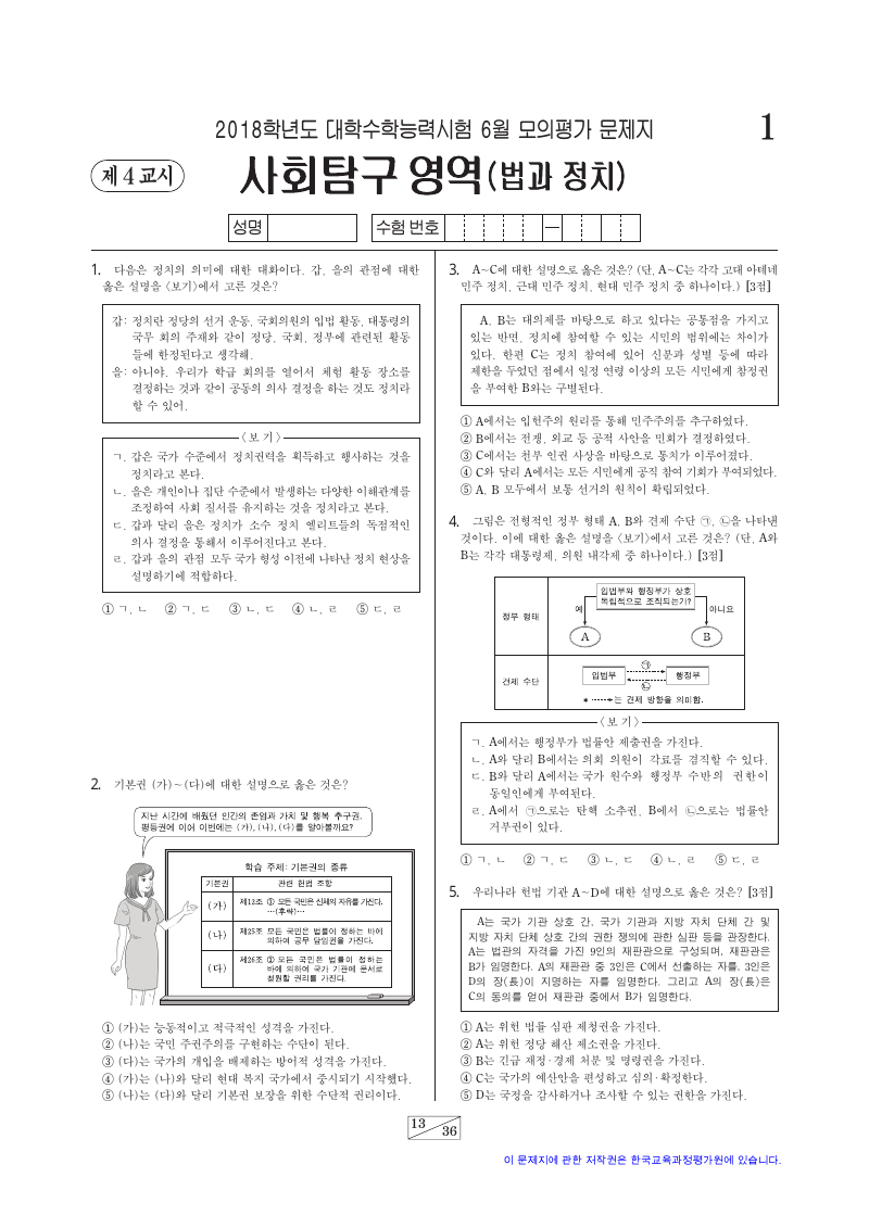 2018학년도 6월 모의평가 정치와법 시험지 첫 페이지