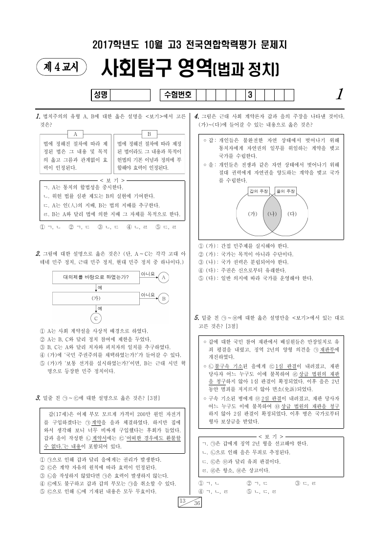 2017년 10월 고3 학력평가 정치와법 시험지 첫 페이지
