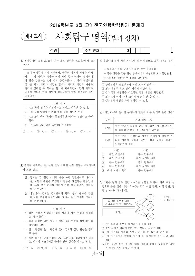 2019년 3월 고3 학력평가 정치와법 시험지 첫 페이지
