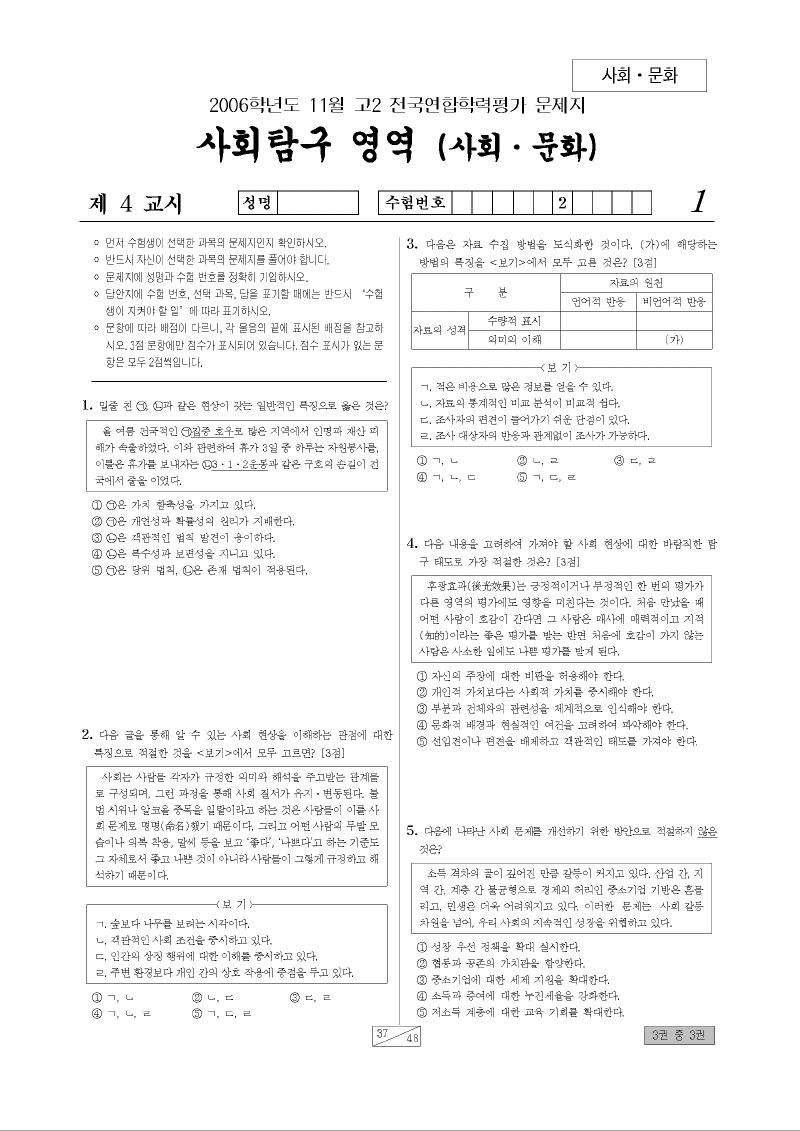 2006년 11월 고2 학력평가 사회문화 시험지 첫 페이지
