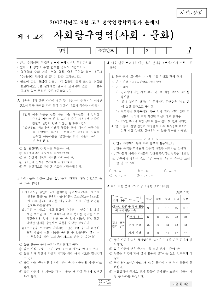 2007년 9월 고2 학력평가 사회문화 시험지 첫 페이지