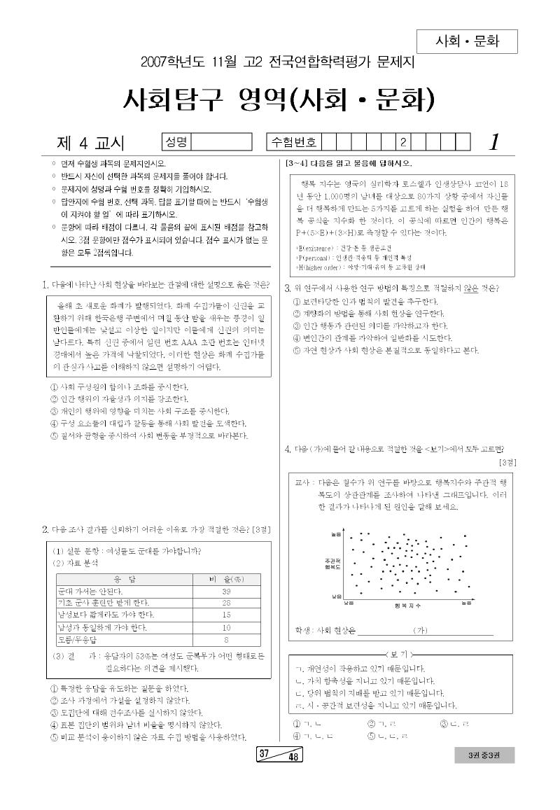 2007년 11월 고2 학력평가 사회문화 시험지 첫 페이지