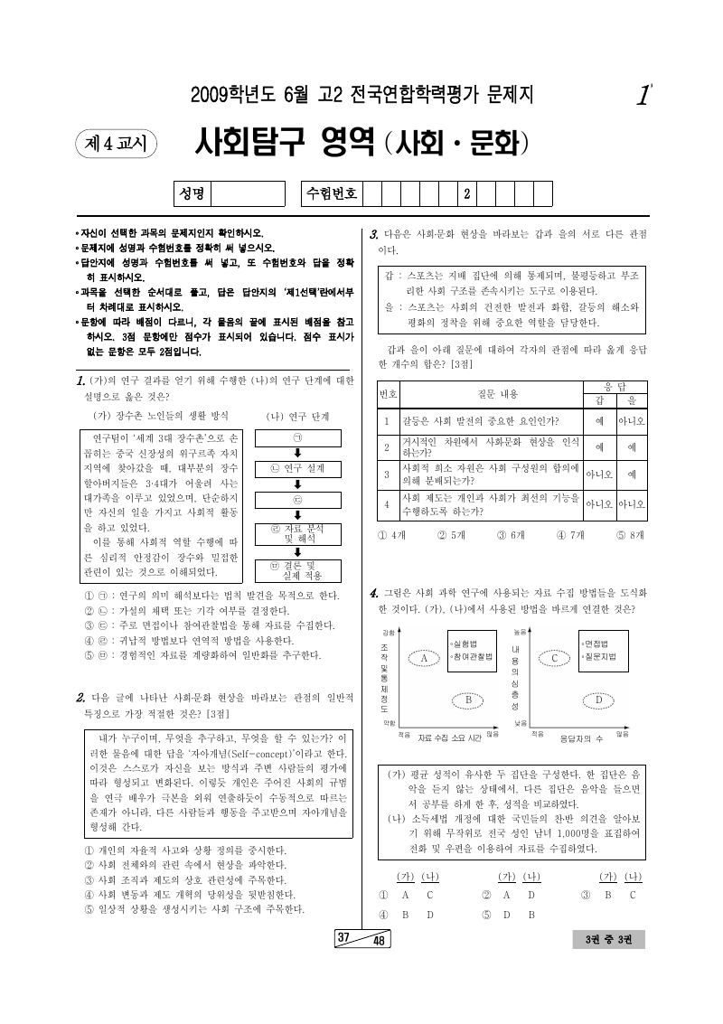 2009년 6월 고2 학력평가 사회문화 시험지 첫 페이지