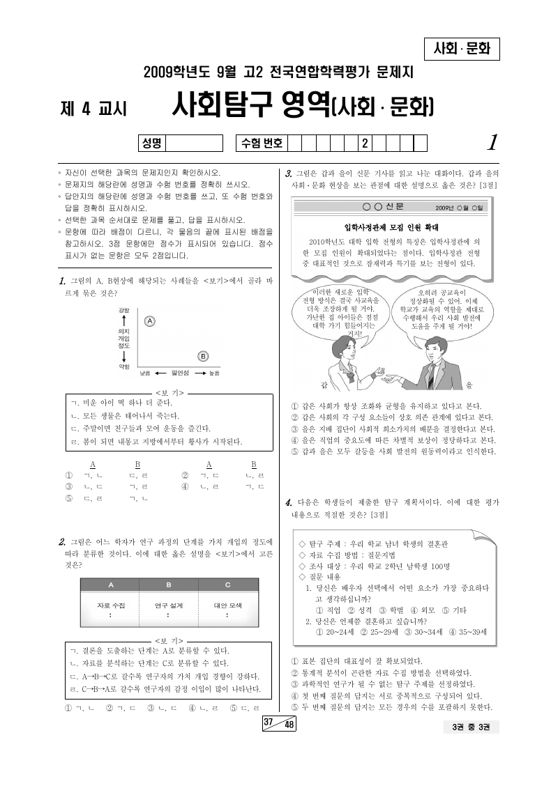 2009년 9월 고2 학력평가 사회문화 시험지 첫 페이지