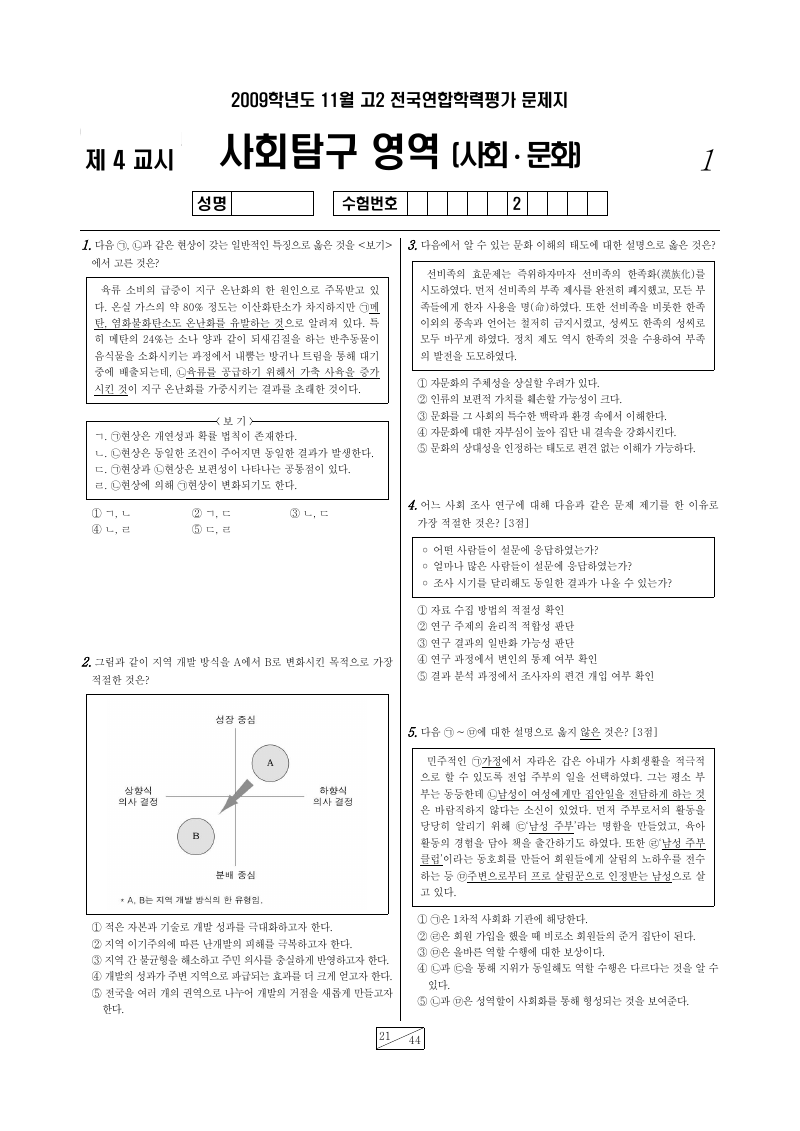 2009년 11월 고2 학력평가 사회문화 시험지 첫 페이지