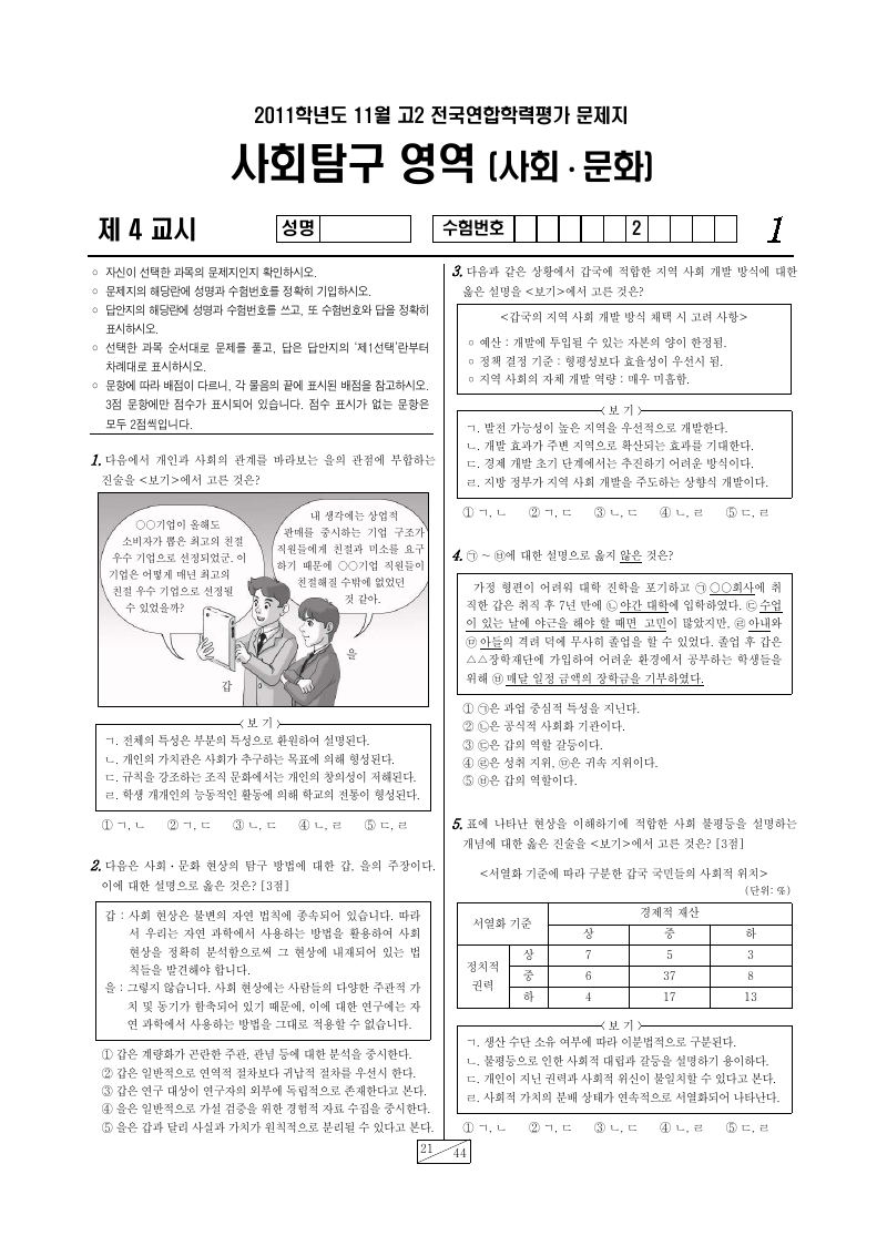 2011년 11월 고2 학력평가 사회문화 시험지 첫 페이지