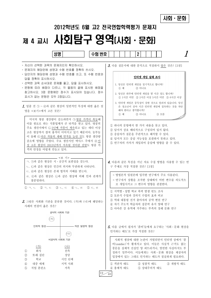 2012년 6월 고2 학력평가 사회문화 시험지 첫 페이지