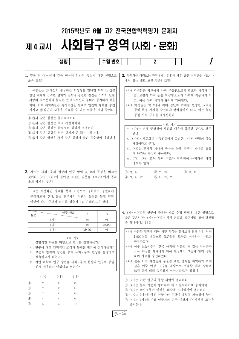2015년 6월 고2 학력평가 사회문화 시험지 첫 페이지