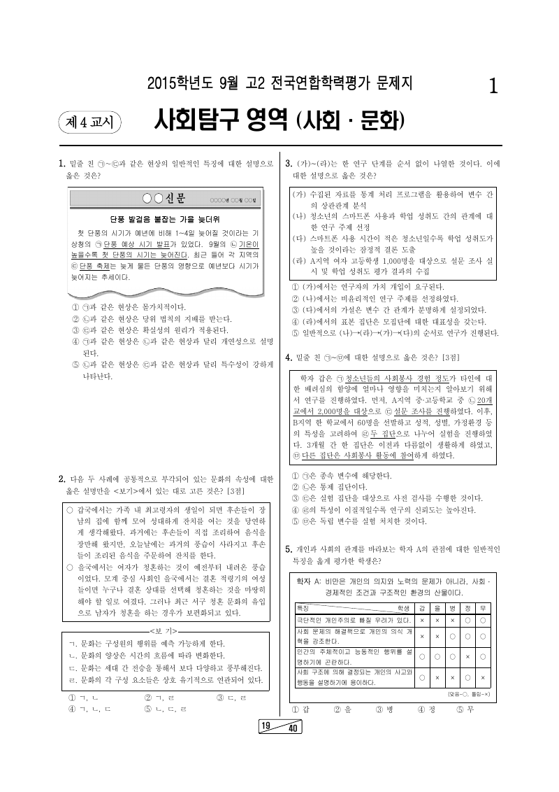 2015년 9월 고2 학력평가 사회문화 시험지 첫 페이지