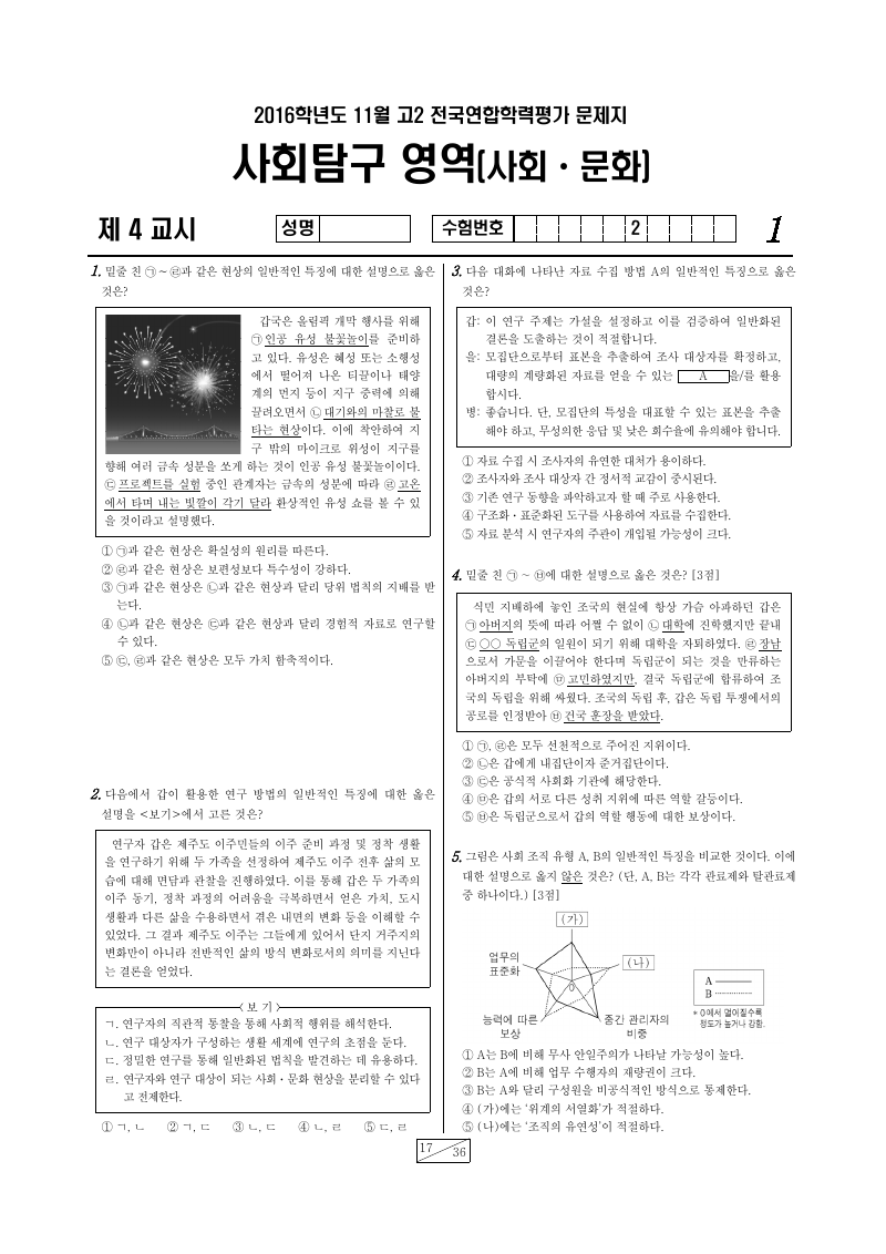 2016년 11월 고2 학력평가 사회문화 시험지 첫 페이지