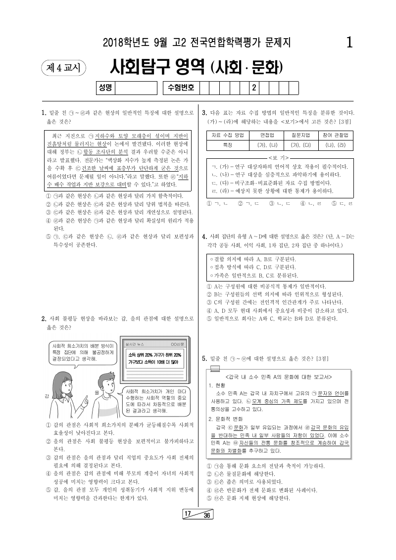 2018년 9월 고2 학력평가 사회문화 시험지 첫 페이지