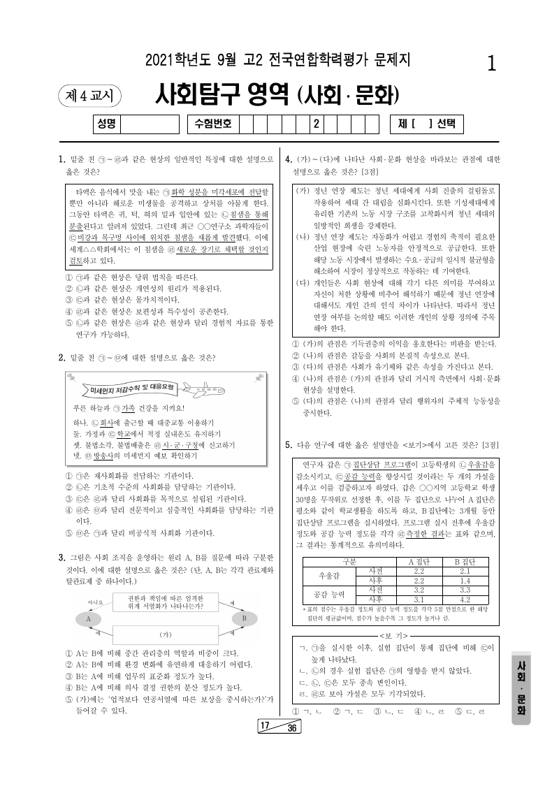 2021년 9월 고2 학력평가 사회문화 시험지 첫 페이지