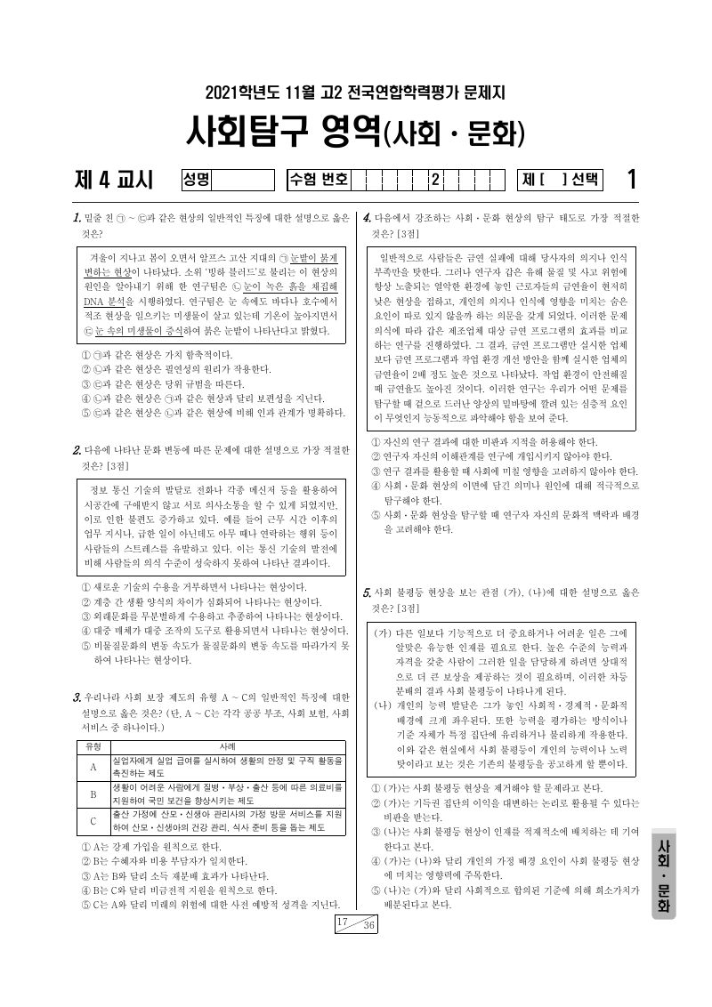 2021년 11월 고2 학력평가 사회문화 시험지 첫 페이지