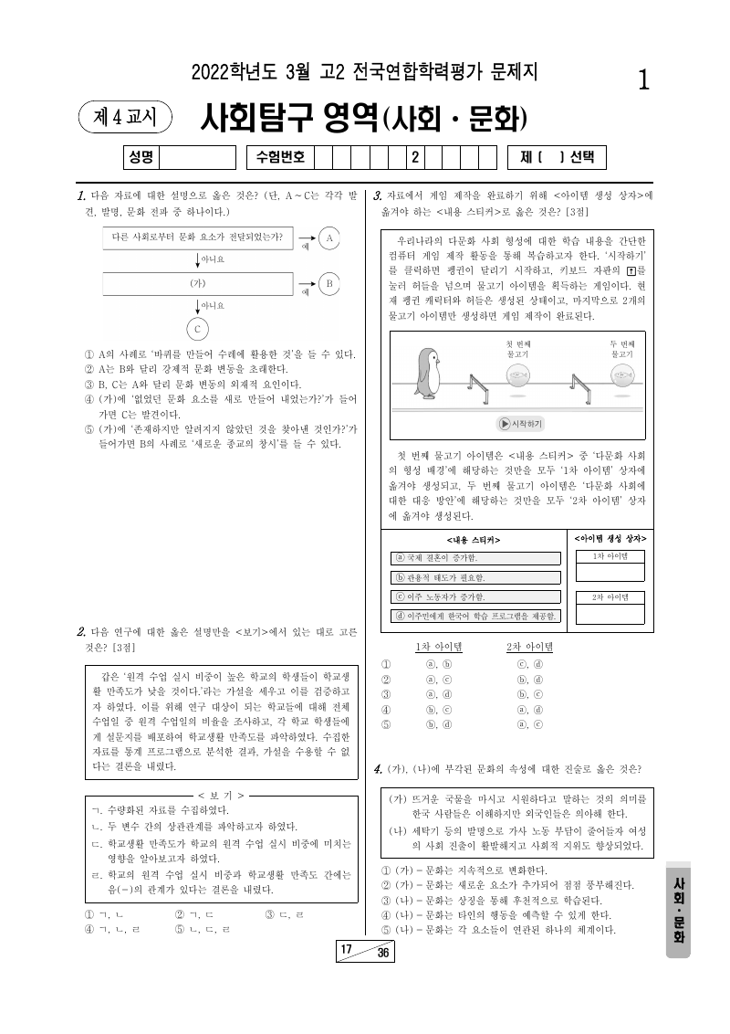 2022년 3월 고2 학력평가 사회문화 시험지 첫 페이지