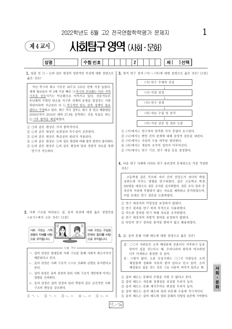 2022년 6월 고2 학력평가 사회문화 시험지 첫 페이지