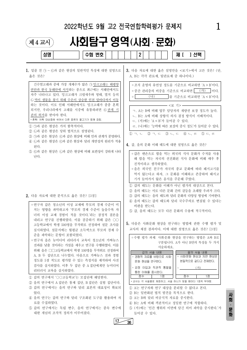 2022년 9월 고2 학력평가 사회문화 시험지 첫 페이지