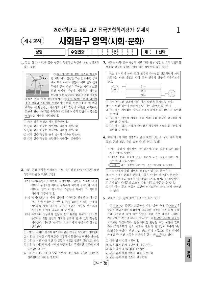 2024년 9월 고2 학력평가 사회문화 시험지 첫 페이지