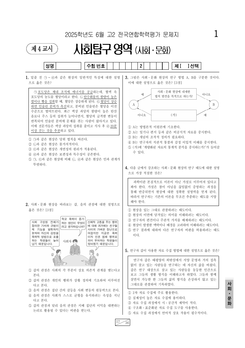 2025년 6월 고2 학력평가 사회문화 시험지 첫 페이지