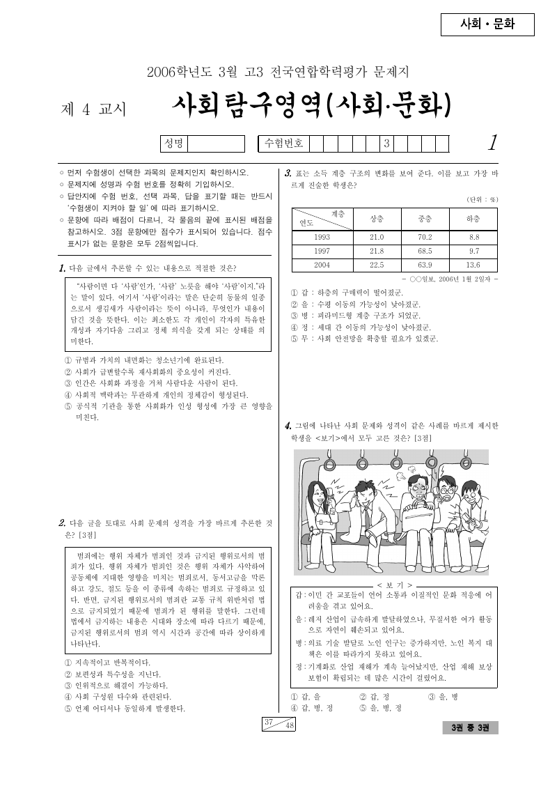 2006년 3월 고3 학력평가 사회문화 시험지 첫 페이지