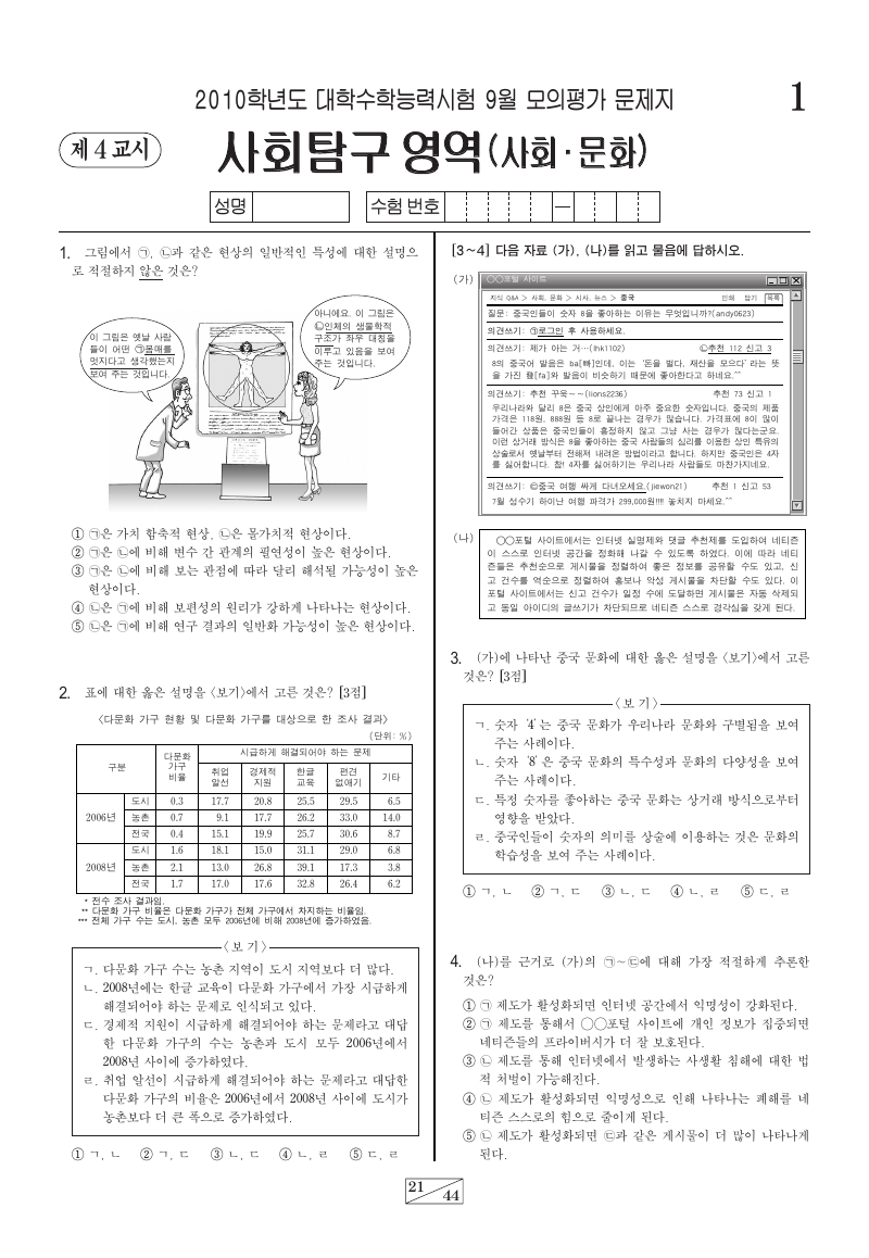 2010학년도 9월 모의평가 사회문화 시험지 첫 페이지