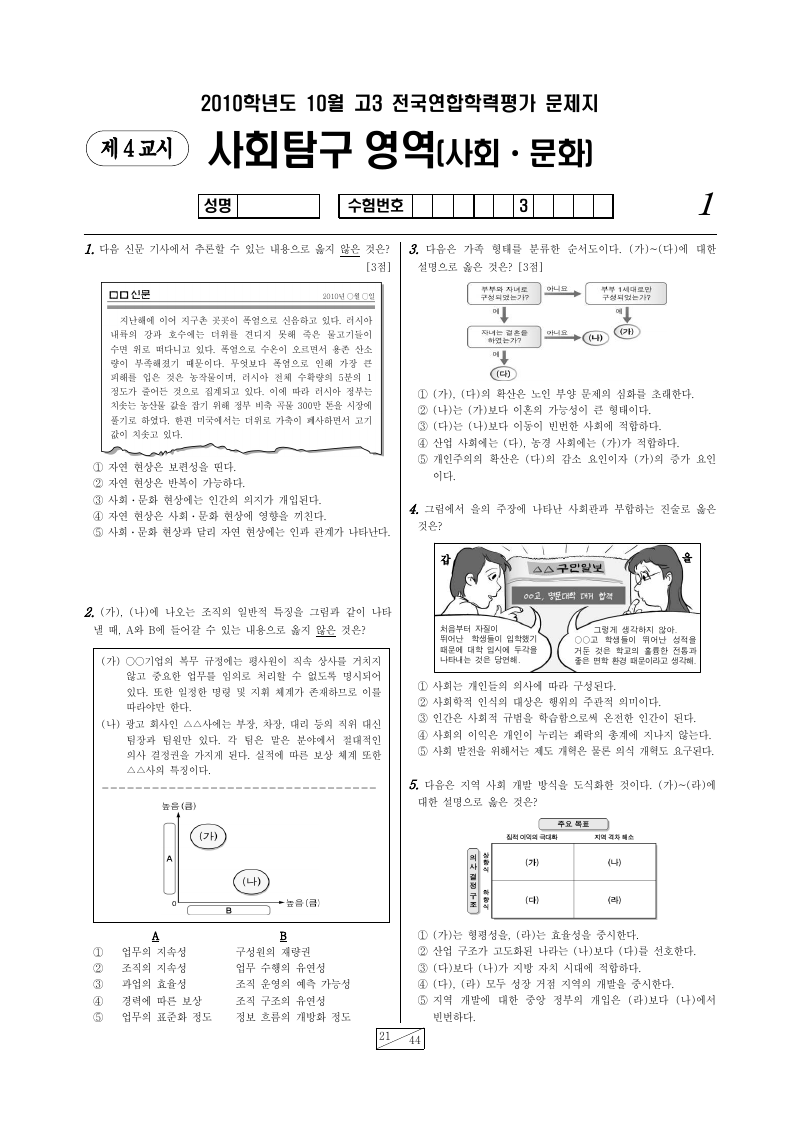 2010년 10월 고3 학력평가 사회문화 시험지 첫 페이지