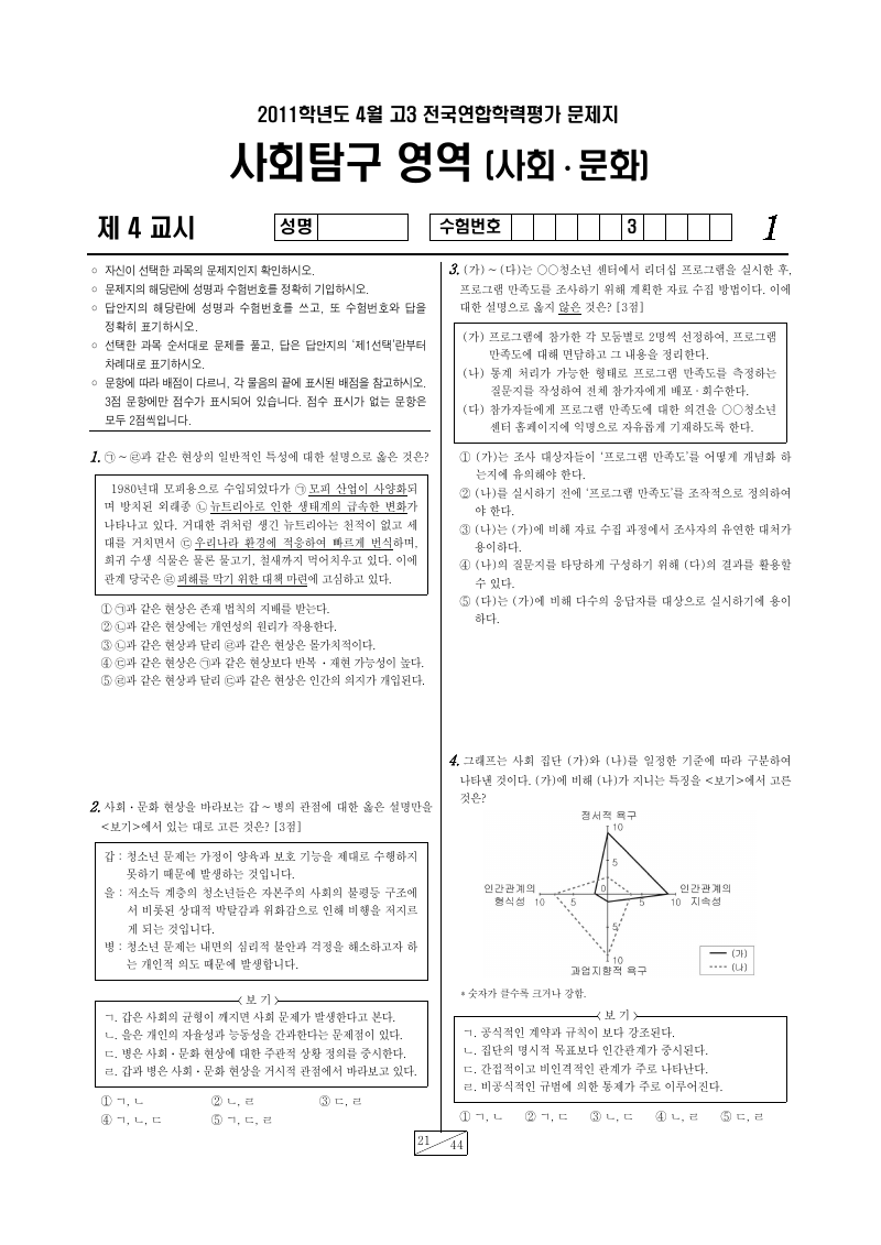 2011년 4월 고3 학력평가 사회문화 시험지 첫 페이지