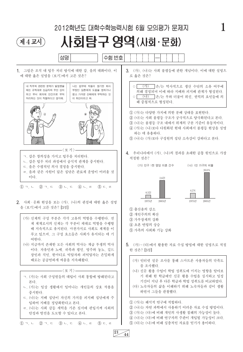 2012학년도 6월 모의평가 사회문화 시험지 첫 페이지