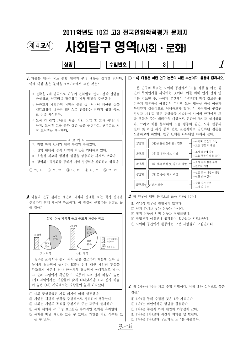 2011년 10월 고3 학력평가 사회문화 시험지 첫 페이지