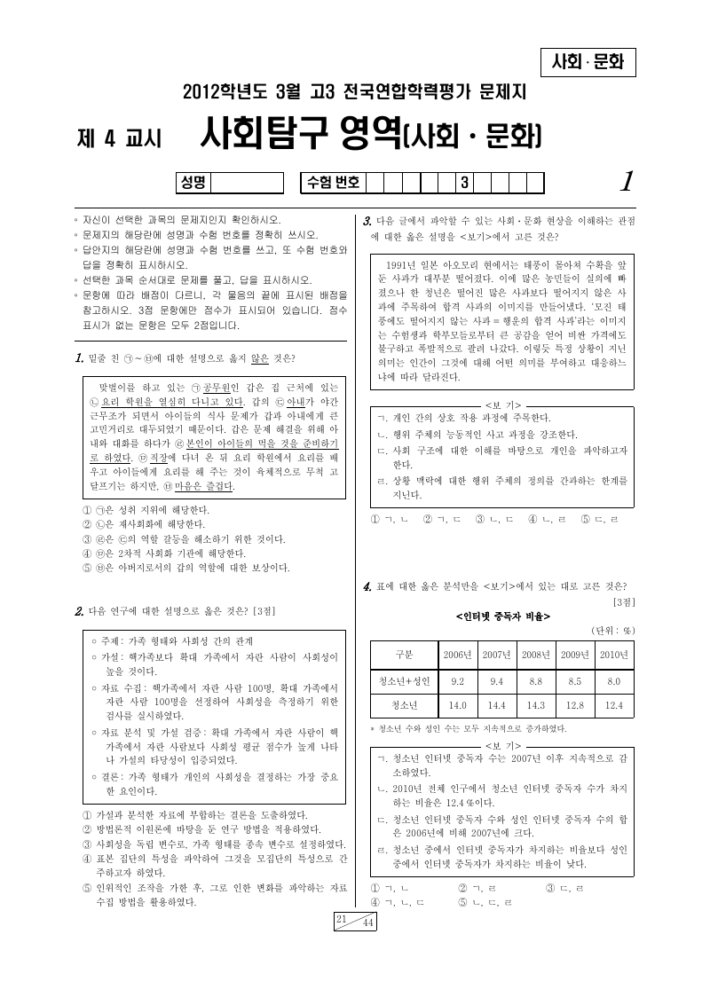 2012년 3월 고3 학력평가 사회문화 시험지 첫 페이지