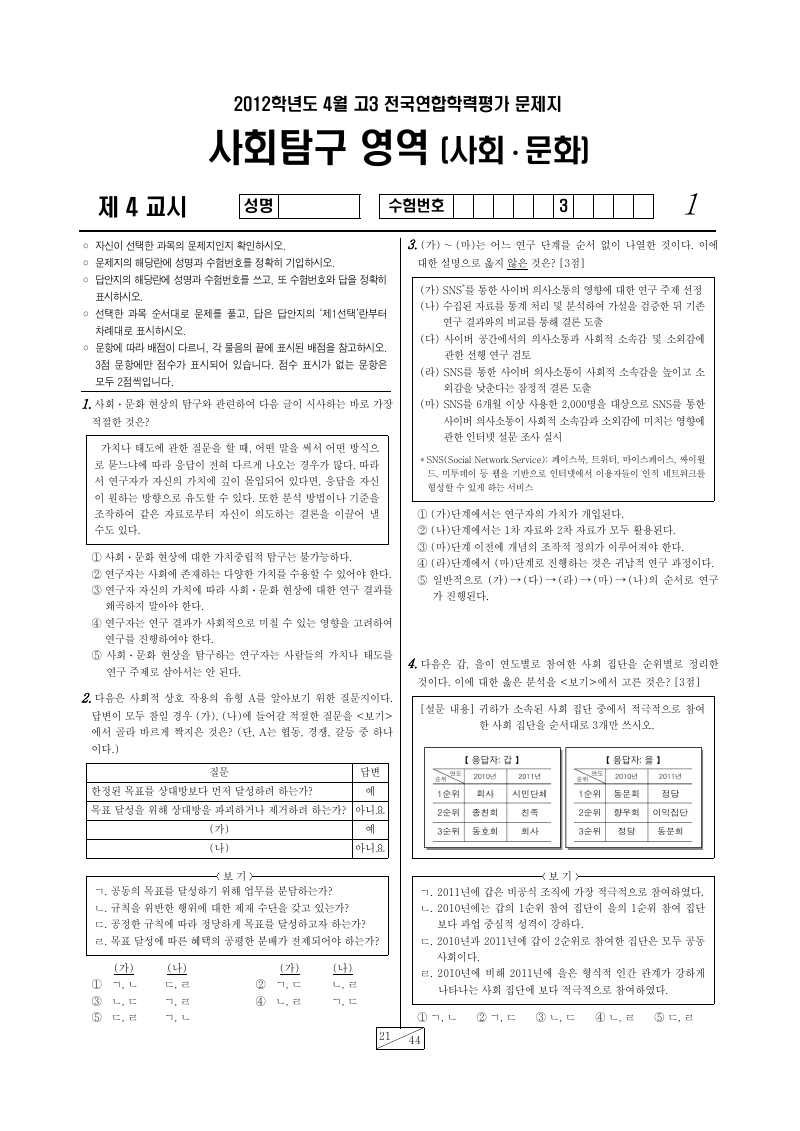 2012년 4월 고3 학력평가 사회문화 시험지 첫 페이지