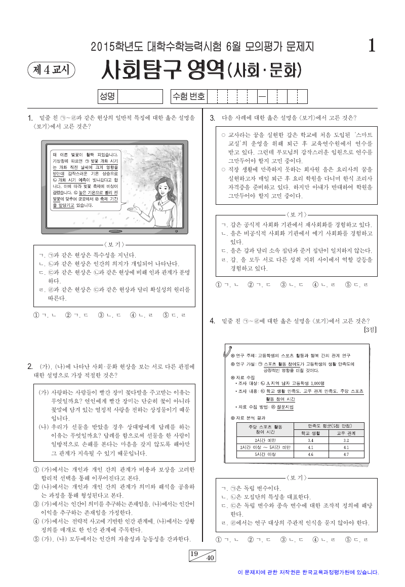 2015학년도 6월 모의평가 사회문화 시험지 첫 페이지