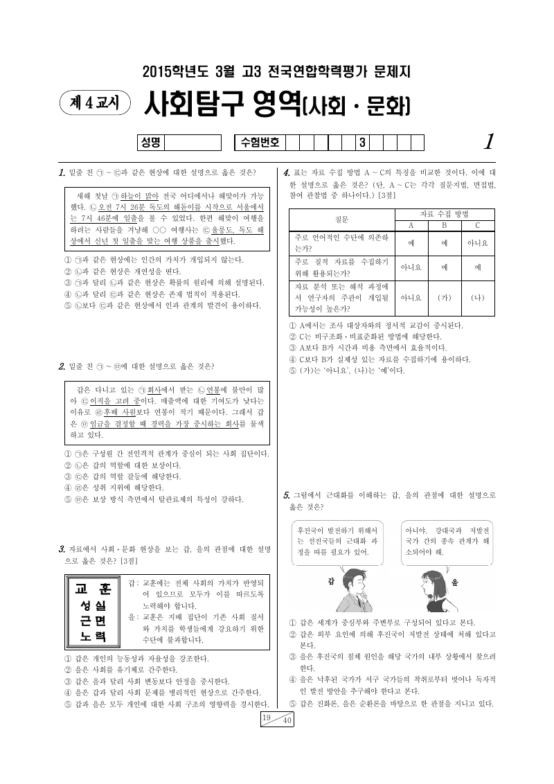 2015년 3월 고3 학력평가 사회문화 시험지 첫 페이지