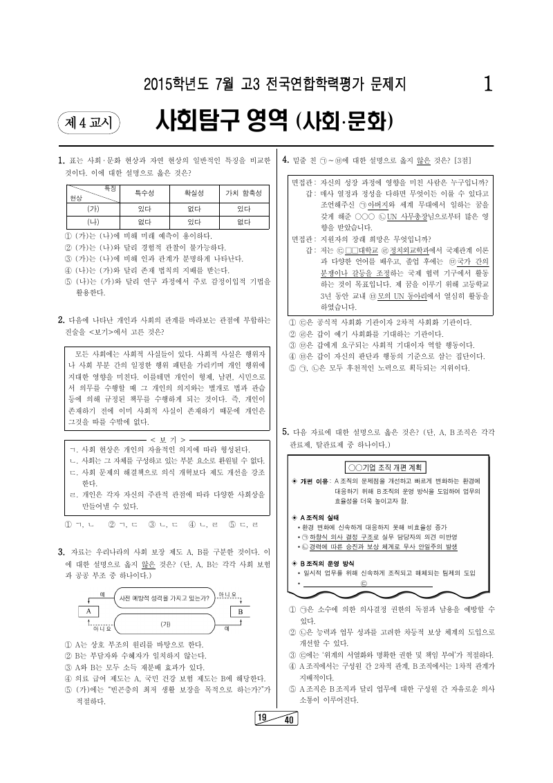2015년 7월 고3 학력평가 사회문화 시험지 첫 페이지
