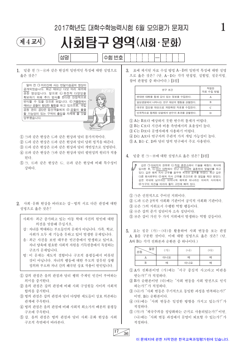 2017학년도 6월 모의평가 사회문화 시험지 첫 페이지