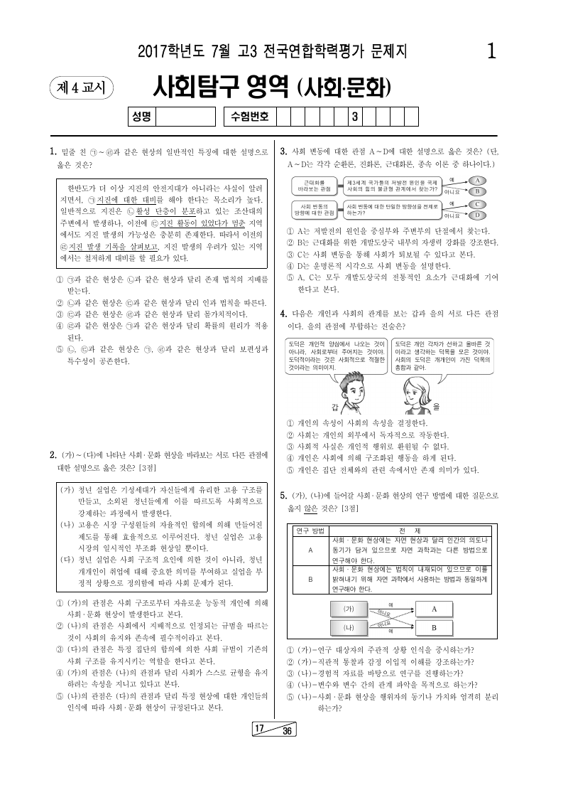 2017년 7월 고3 학력평가 사회문화 시험지 첫 페이지