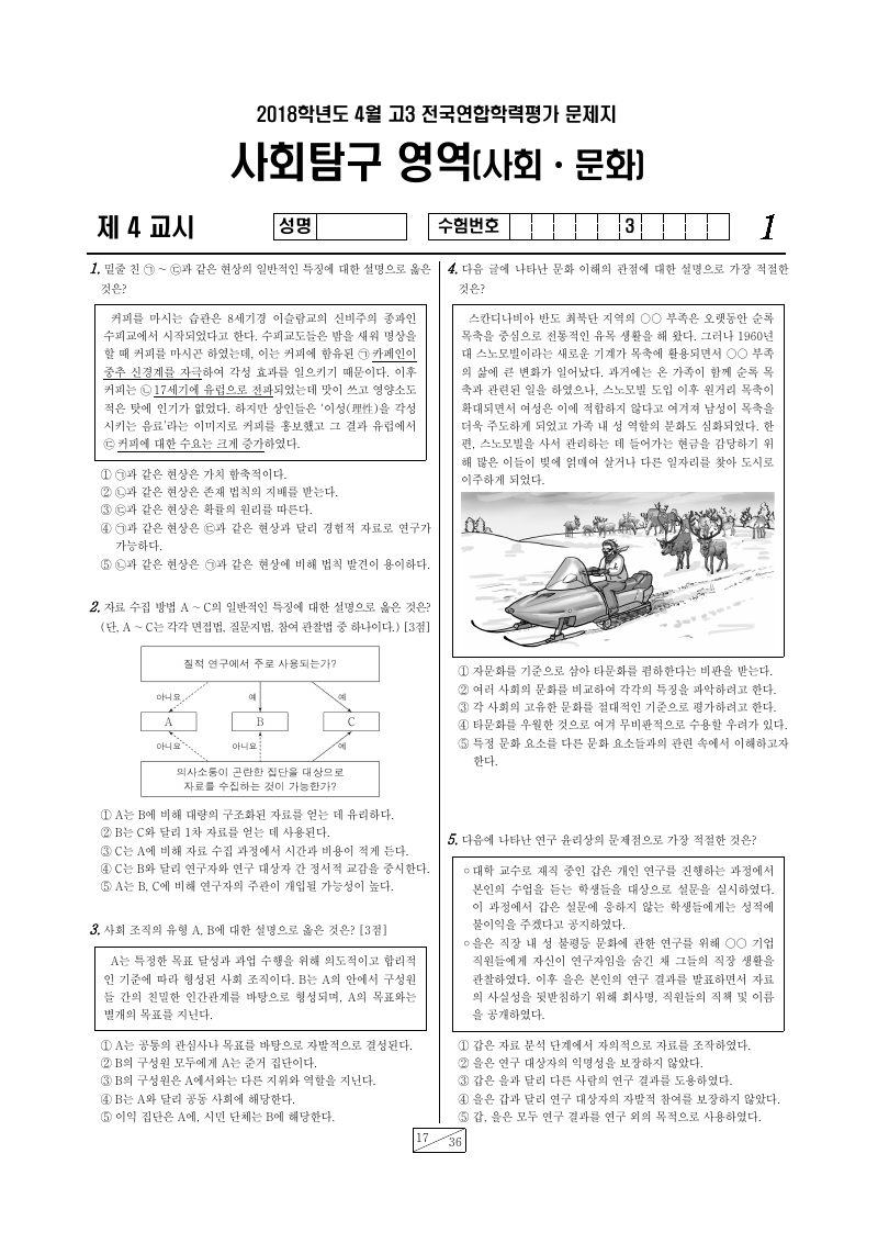 2018년 4월 고3 학력평가 사회문화 시험지 첫 페이지